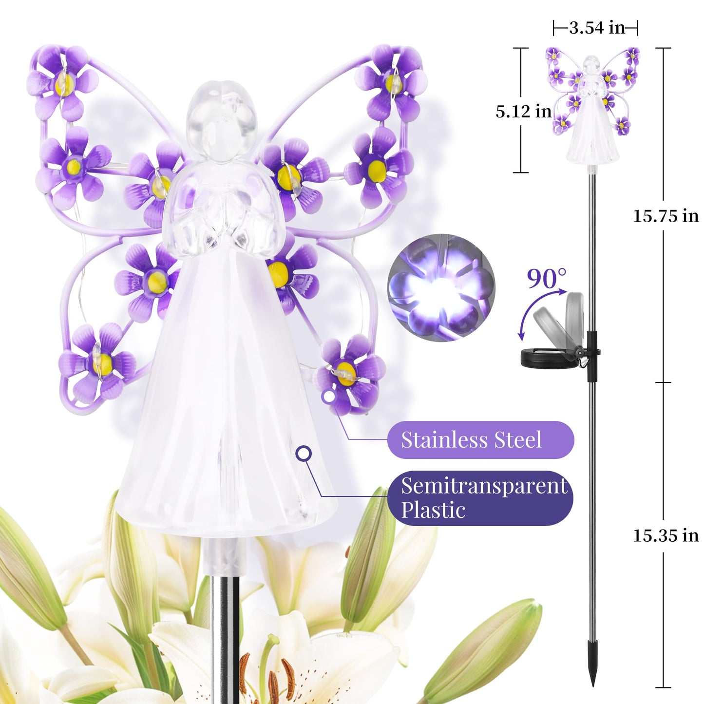 GIGALUMI Solar Angel Garden Stake Lights - 2 Pack Angel Solar Lights Outdoor Garden, Eternal Light Angel with 7 LEDs for Cemetery Grave Decorations