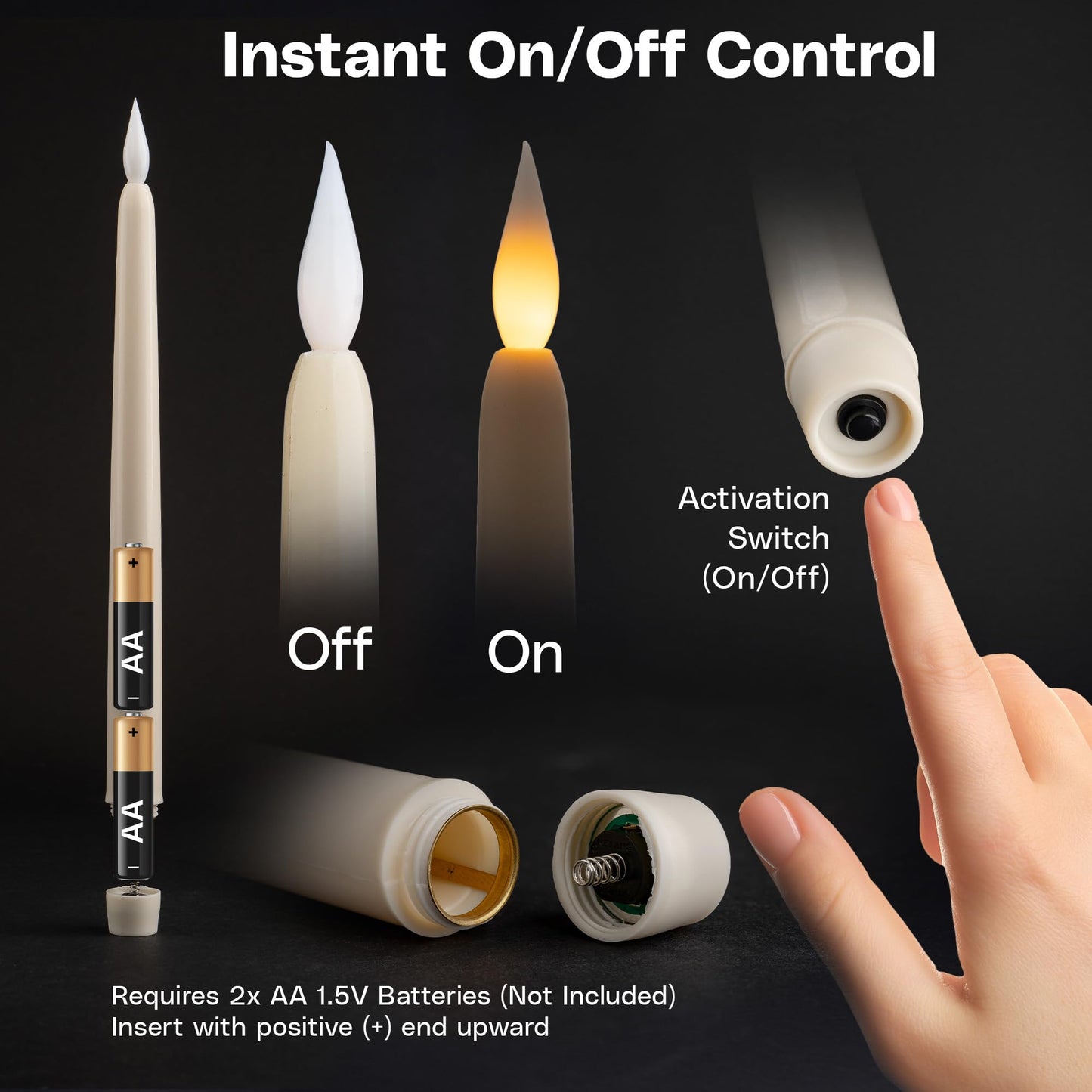 WYZworks 12 Pack, 11" Ivory Flameless LED Taper Flickering Candles Lights, Bottom On/Off Button (no Remote), Battery Operated Electric Long Tall