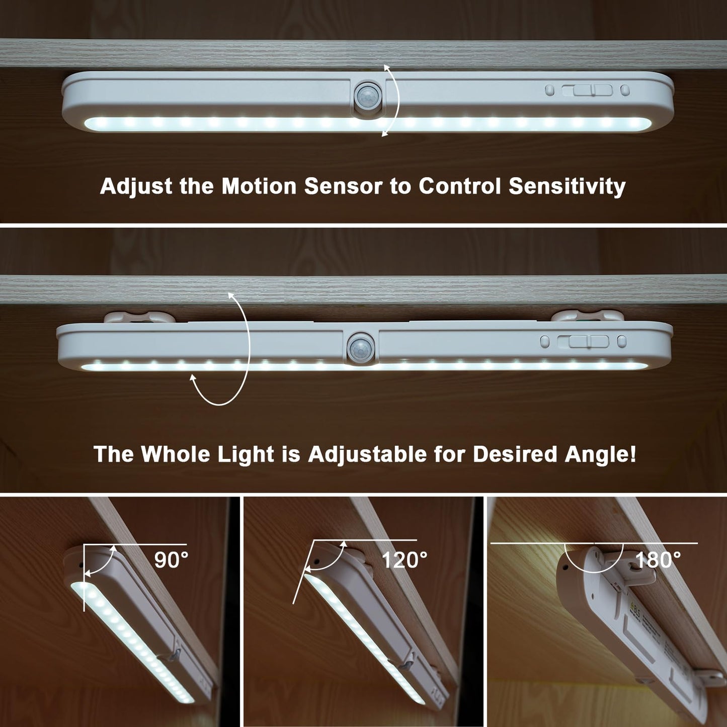 BLS T01L LED Closet Light, Super Bright 20 LED Under Cabinet Lighting Battery Powered/DC Input Wireless Motion Sensing Light, Auto On Off Switch