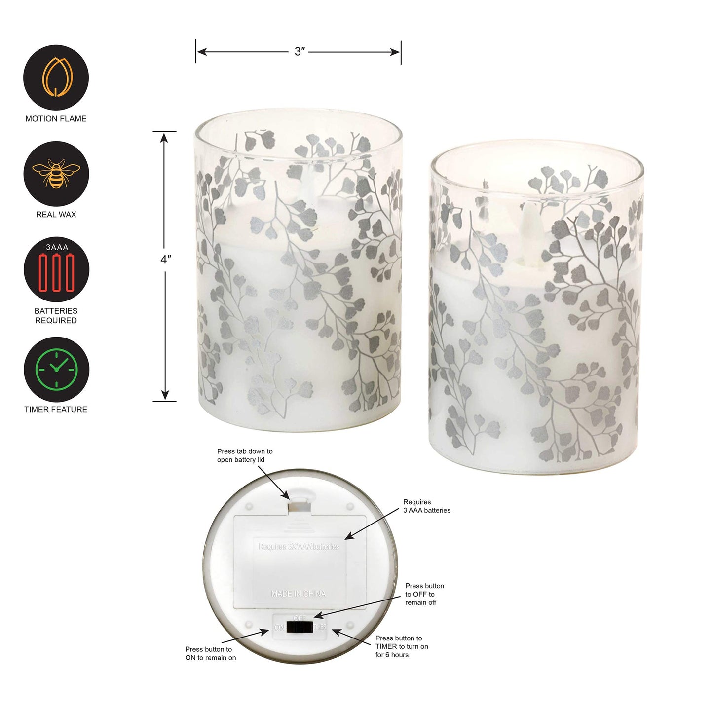 LumaBase Battery Operated LED Glass Candles with Flickering Flame, Silver Fern - Set of 2