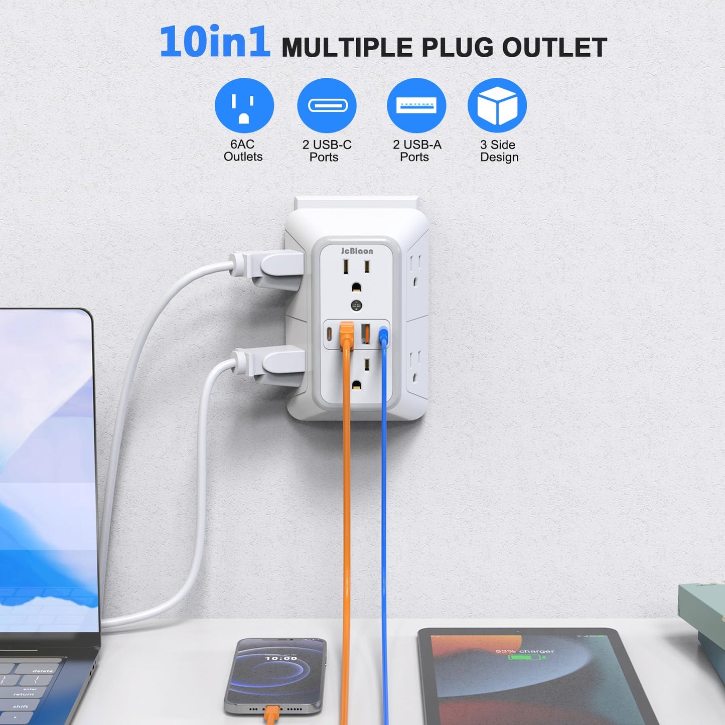 JcBlaon Outlet Extender Surge Protector - 6 Outlet Splitter with 4 USB Ports (2 USB C), Multiple Plug Expander Wall Charger, 3 Sided Multi Plug Wall