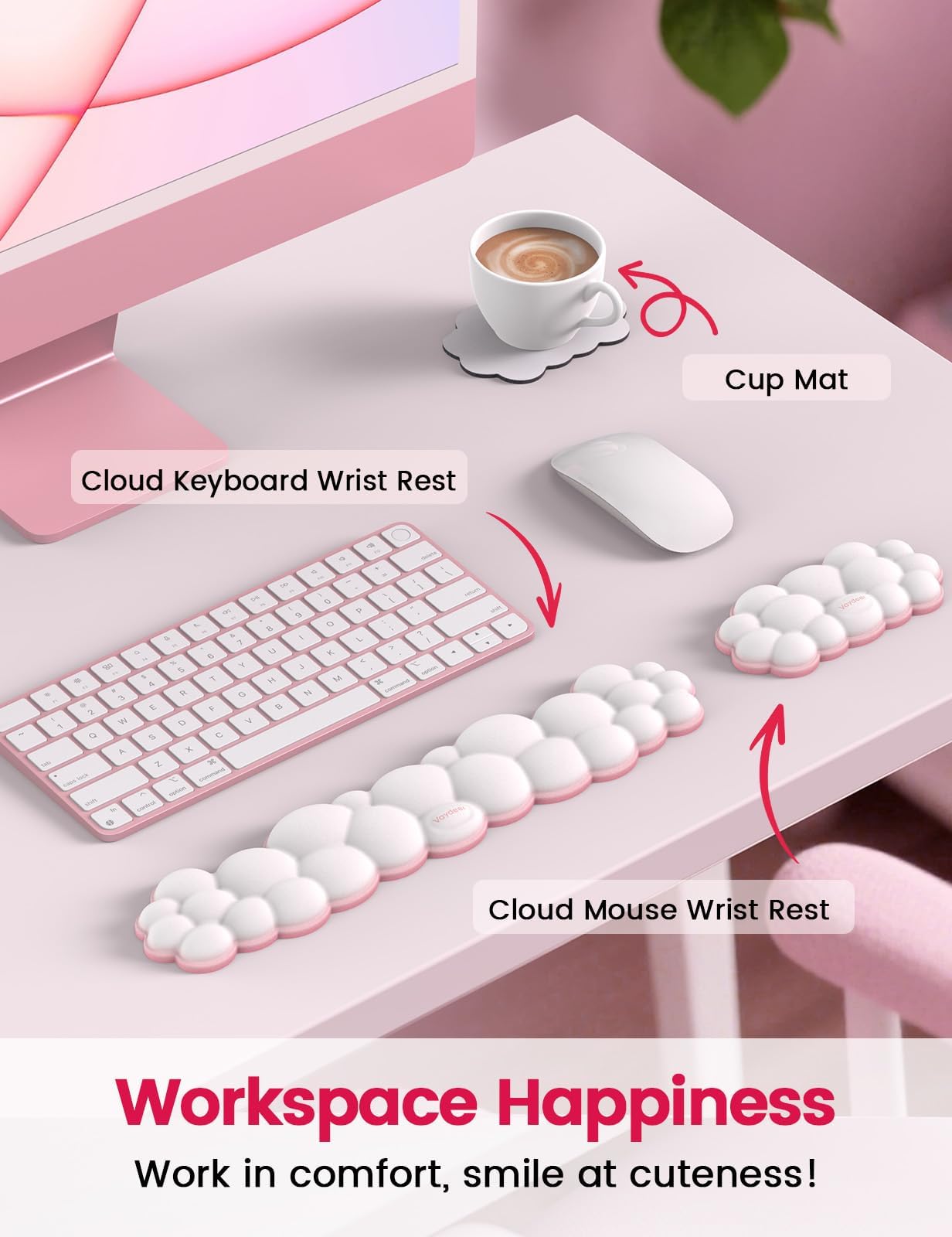 Vaydeer Cloud Keyboard Wrist Rest Set - Ergonomic Memory Foam Wrist Pad for Computer, Laptop & Gaming, Non-Slip Cute Desk Accessories
