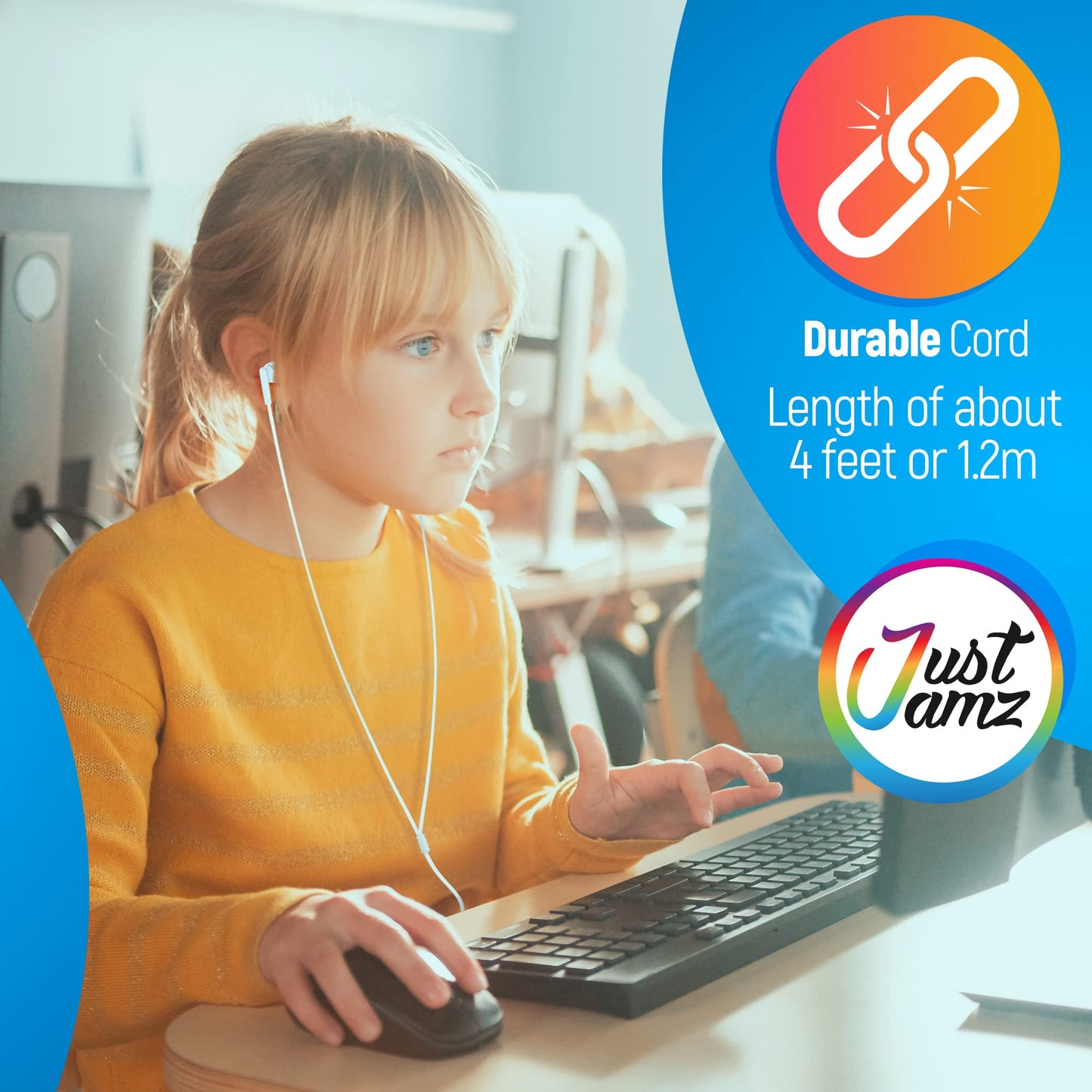 JustJamz Pearl White Bulk Headphones 100 Pack - Wired Earbuds Bulk for Classroom, Schools, and Students - Disposable Ear Buds for Kids and Adults