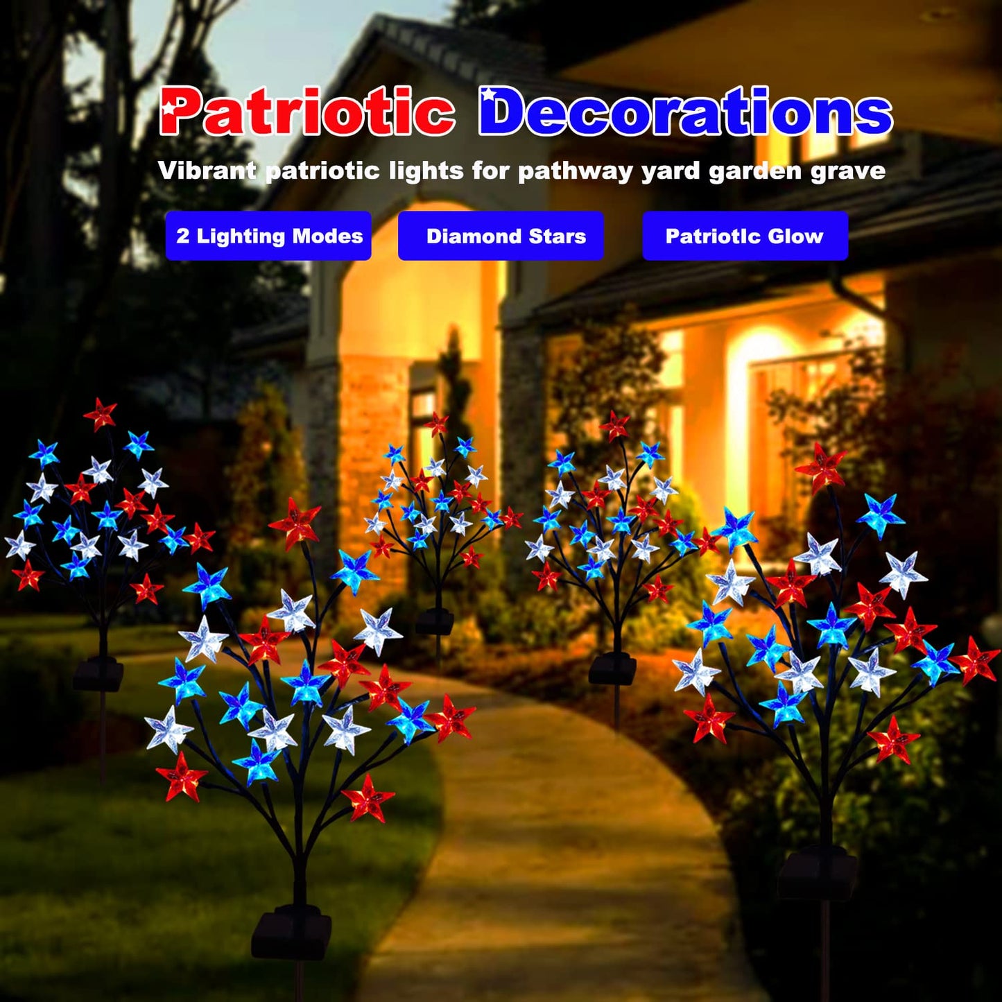 2 Packs Solar 4th of July Decorations Outdoor Lights, Solar Red White and Blue Star Pathway Lights, Waterproof Outdoor Patriotic Decorations Lights