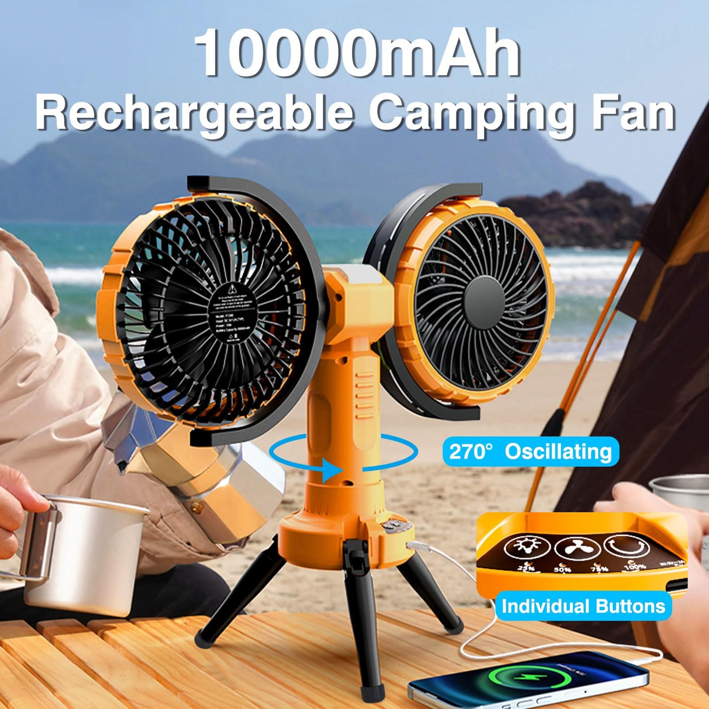 Nauttxon Oscillating Outdoor Camping Fan With Light Hanging Hook