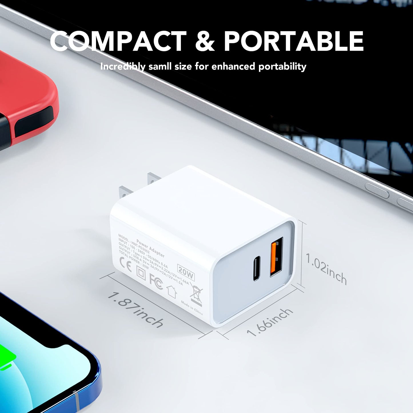 [2 Pack] LCGENS USB C Wall Charger Block 20W, Dual Port PD Power Delivery Fast Type C Charging Block Plug Compatible with iPhone 11/12/13/14/15/16/17