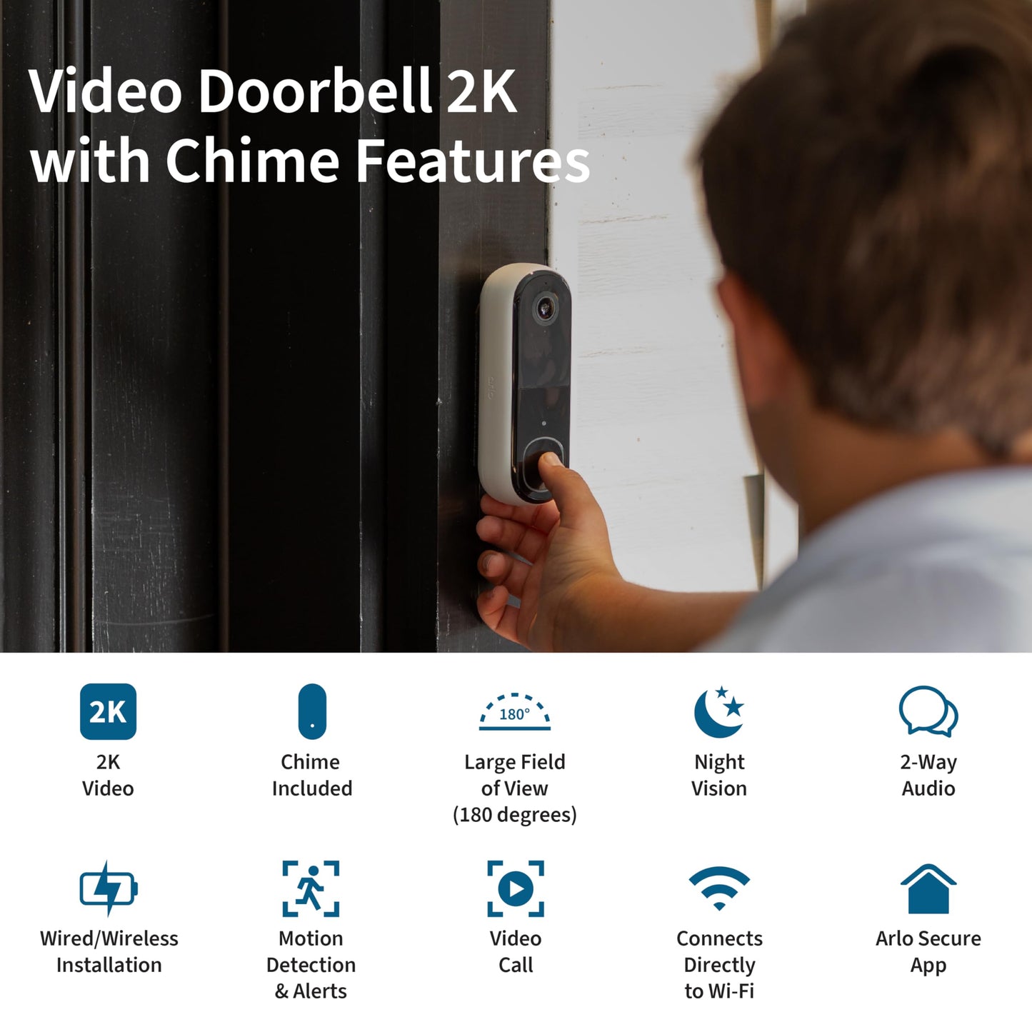 Arlo Video Doorbell 2K + Chime 2 (2nd Gen, Latest Release), Wireless or Wired Option, 2-Way Audio, Night Vision, Head to Toe View, Package Detection