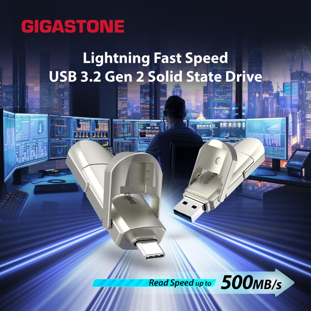 Gigastone Duo Pro Flip USB-A+C 256GB (1-Pack) Dual External Portable SSD 500MB/s Supports Apple 4K 60fps ProRes HDR Video Recording USB3.2 Gen 2