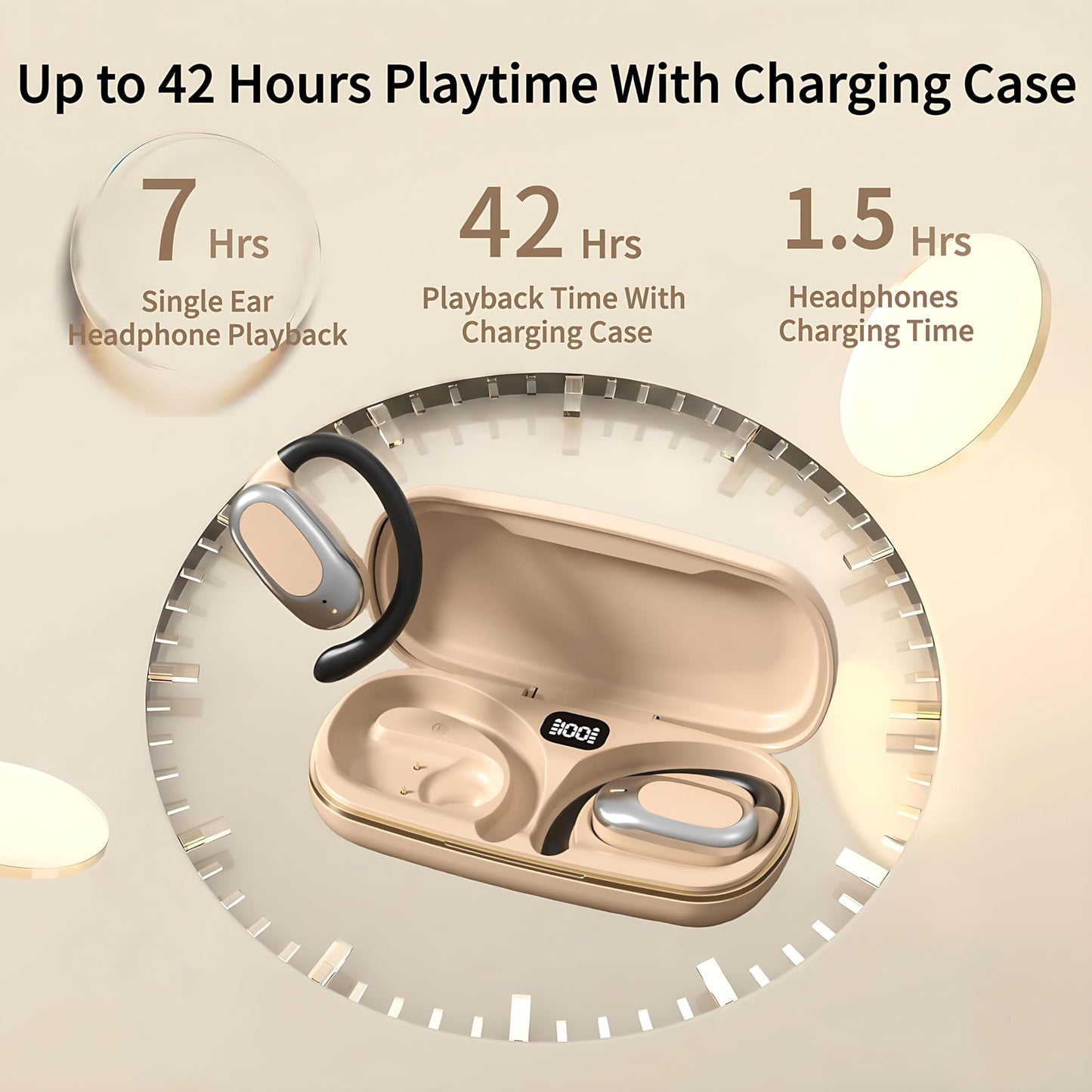 Open Ear Headphones Air Conduction Wireless Earbuds with Mic 42H Playtime Clear Call LED Digital Display Over Earphones Lightweight Waterproof Secure