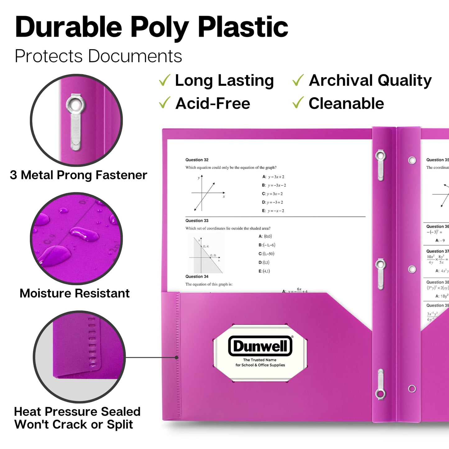 Dunwell Plastic 2 Pocket Folders with 3 Prongs, (12 Pack, Assorted Colors), Tear-Resistant, Long Lasting Acid-Free Poly 3-Clasp Folders