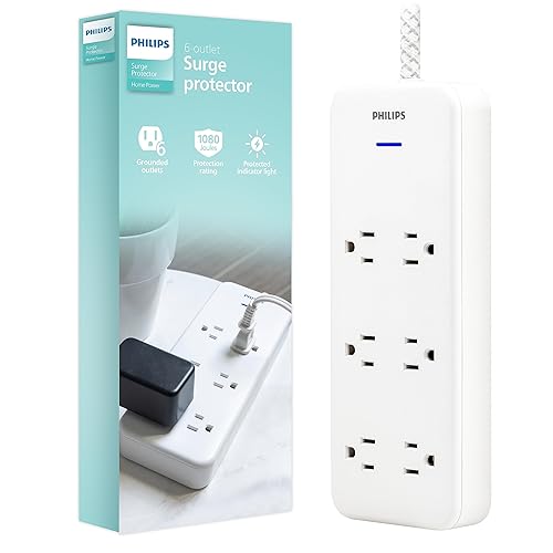 Philips 6-Outlet Surge Protector with Multiple Outlets, 8 Ft, Braided Cord,1080 Joules, Adapter-Spaced, White, SPC6066WB/37