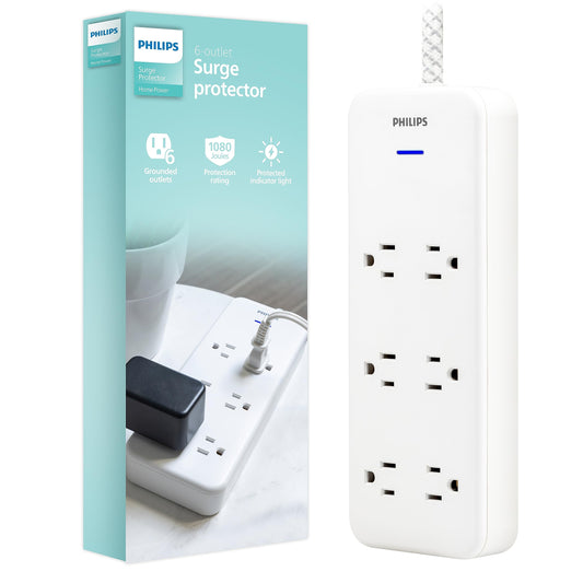 Philips 6-Outlet Surge Protector with Multiple Outlets, 8 Ft, Braided Cord,1080 Joules, Adapter-Spaced, White, SPC6066WB/37