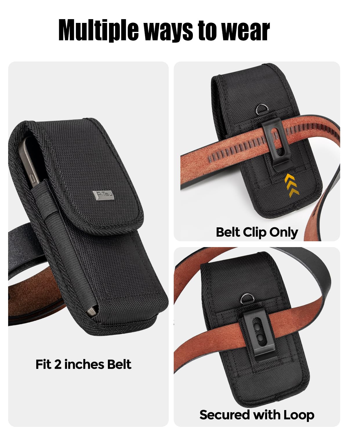 PiTau Nylon Holster for Large iPhone Plus, Pro Max Models 17 16 15 14 13 12 11 Xs, Samsung Galaxy Plus S25+ S24+ S23+ S22+, Cell Phone Belt Holder