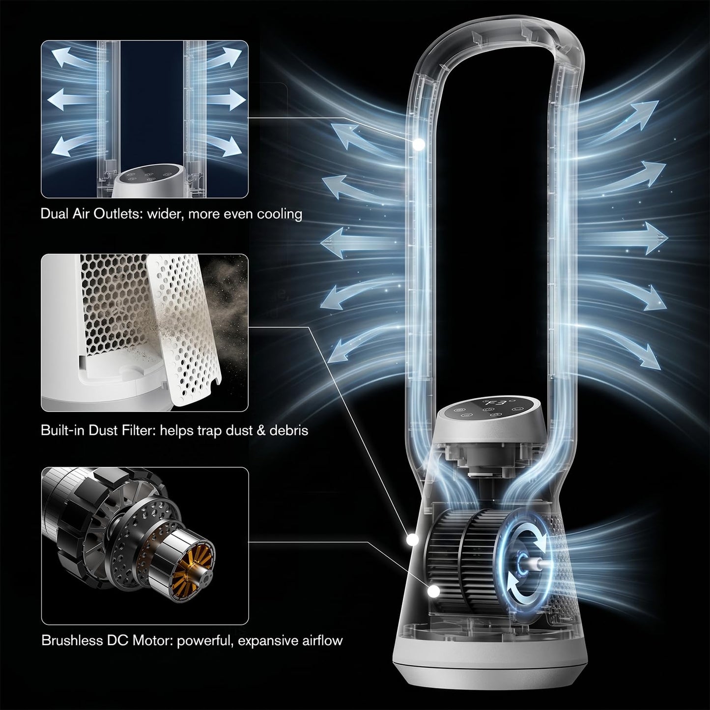 34.2" Bladeless Tower Fan for Bedroom, 70° Oscillating, Quiet DC Motor