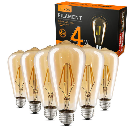 LUXON LED Edison Bulbs,Dimmable,ST64 Amber Glass,Vintage 4W E26 Warm,6-Pack
