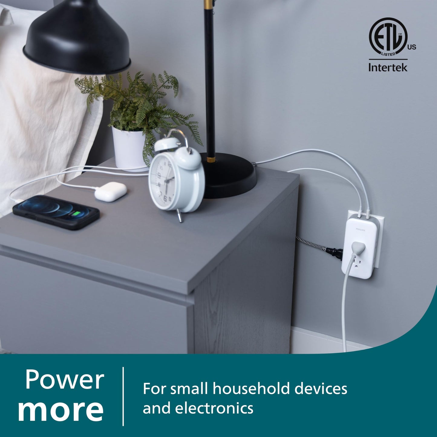 Philips All-in-One Surge Tap with USB, 2 Grounded & 4 Polarized Outlets, 1 USB-C & 1 USB-A Port (15W Shared), 490 Joules, ETL Certified, White/Gray