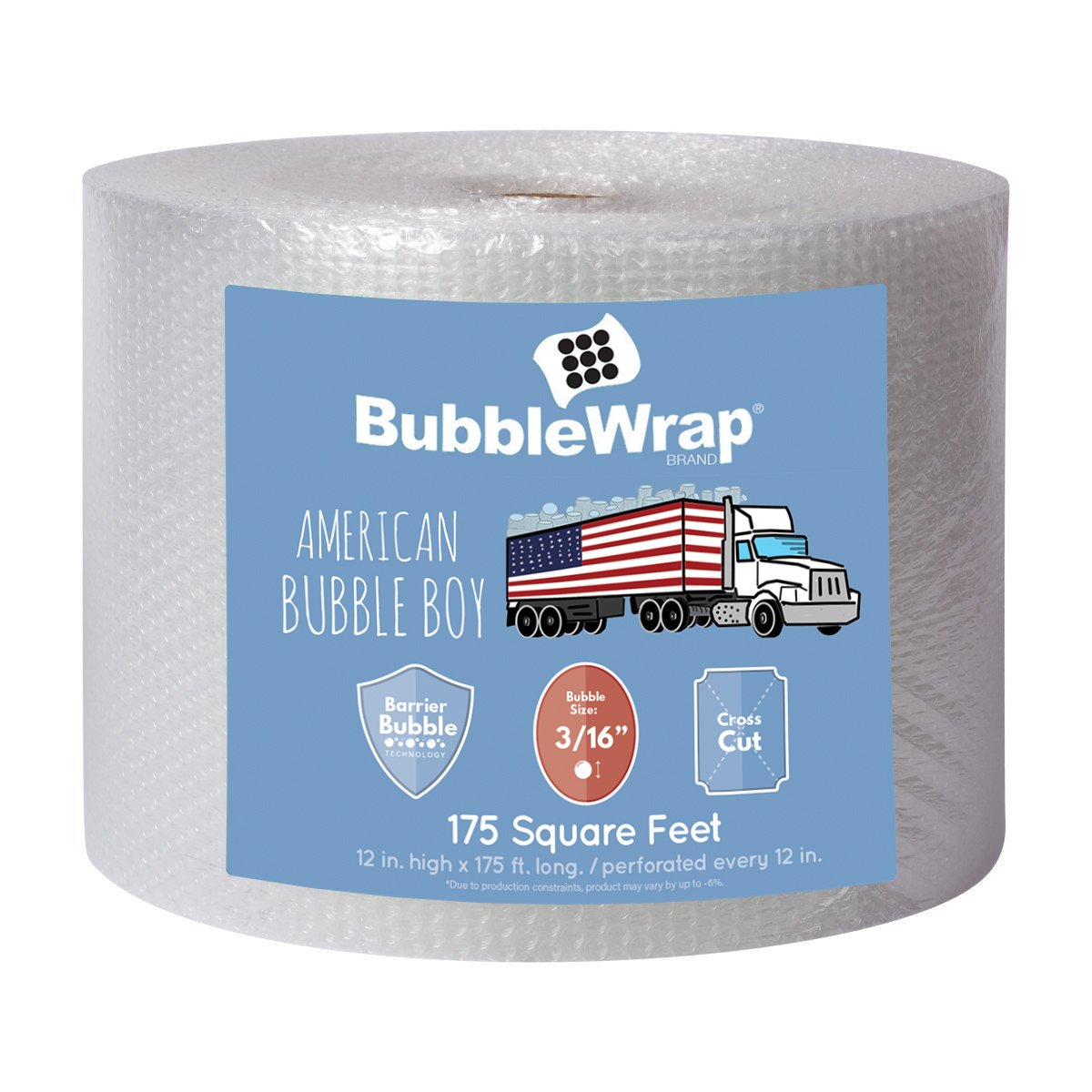Bubble Wrap Roll 175', small bubble wrap 3/16 cushioning, 175ft perforated Every 12" Made in the USA by American Bubble Boy for packing, moving