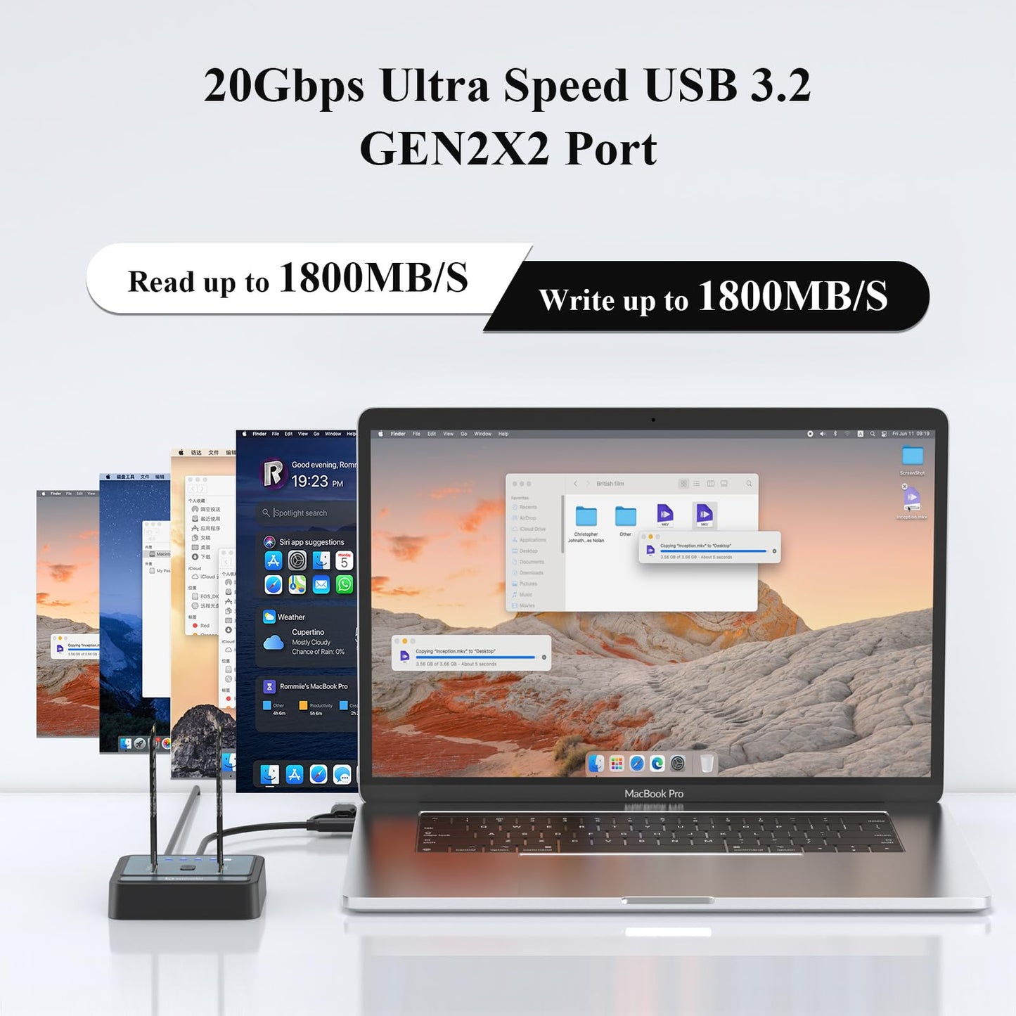 M.2 NVMe/SATA SSD Cloner, M.2 Duplicator 2-Bay Hard Drive Enclosure, Tool-Free 20Gbps USB3.2 Gen 2X2 Hard Drive Reader for NVMe SATA SSD Supports