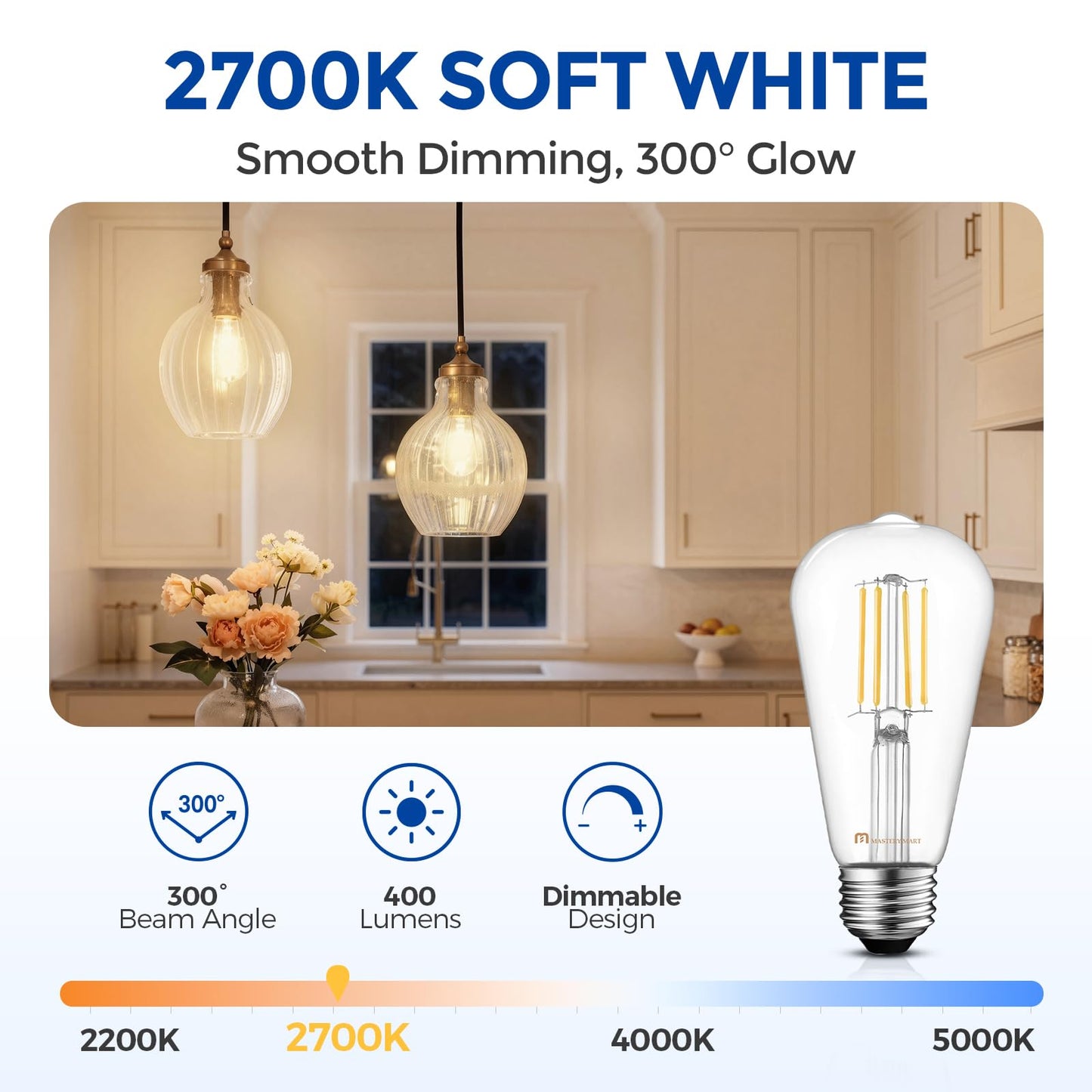 MASTERY MART 10 Pack Vintage Edison Bulbs, E26 Led Bulb 5.5W Equivalent to 60W, Dimmable, 2700K Soft White, High Brightness Antique ST19, Clear Glass