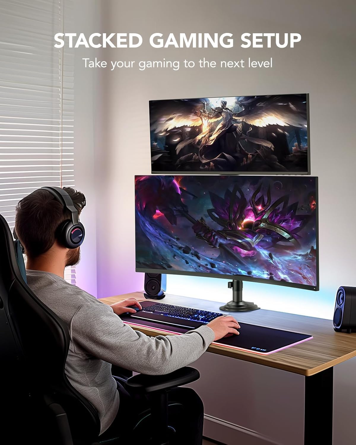HUANUO 17-32 Inch Dual Monitor Stand, Vertical Dual Monitor Mount, Monitor Stand 2 Monitors, Ergonomic Adjustable Tilt/Swivel/Rotate, Weight Max 19.8