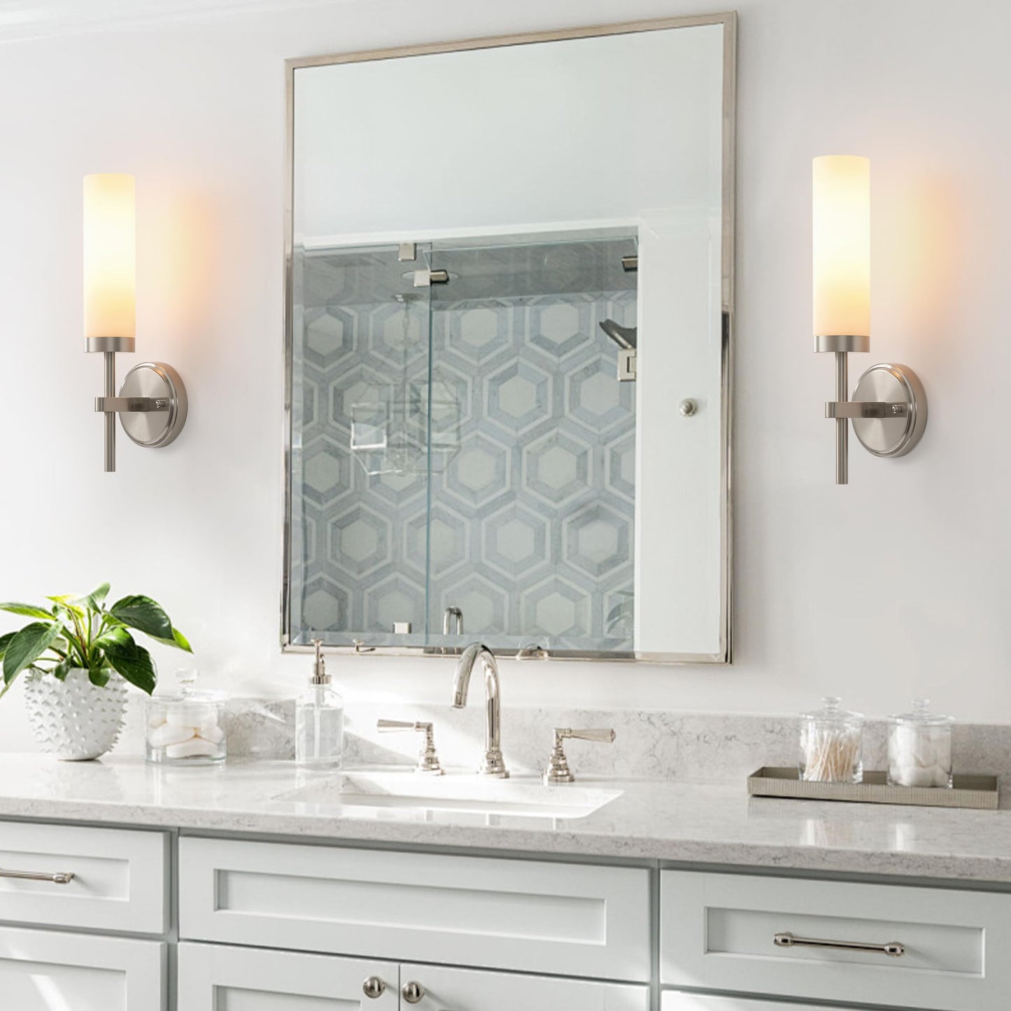 Wall Sconces Set of Two,Brushed Nickel Bathroom Sconces Wall Lighting with White Glass, Modern Sconces Wall Decor Set of 2 Wall Light fixtures