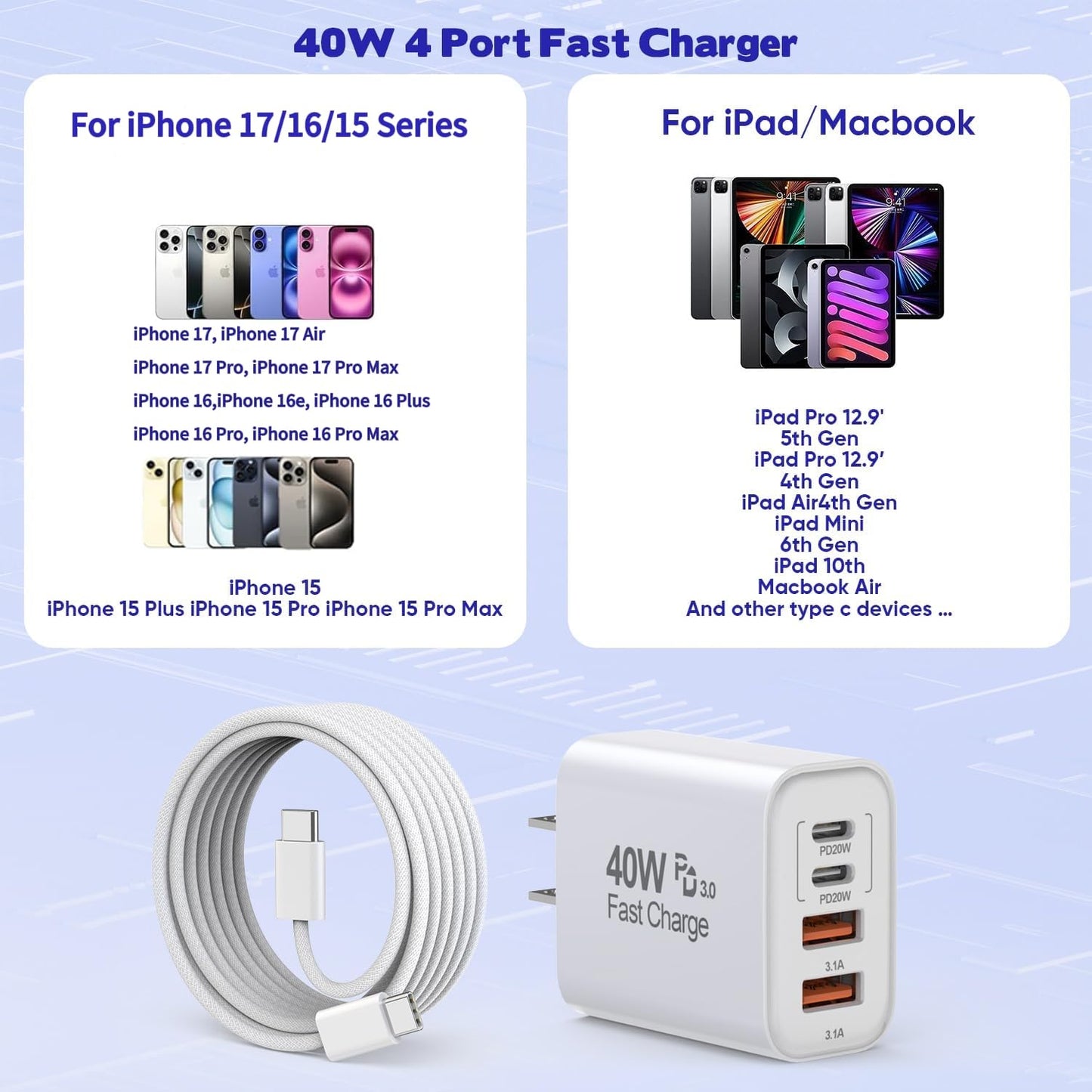 10FT iPhone 17 16 15 Pro Charger,2Pack 10Foot USB C to C Woven Cable Cord 40W USB C Apple Charger 4 Port PD&AC Charge Block Fast Charging for iPhone