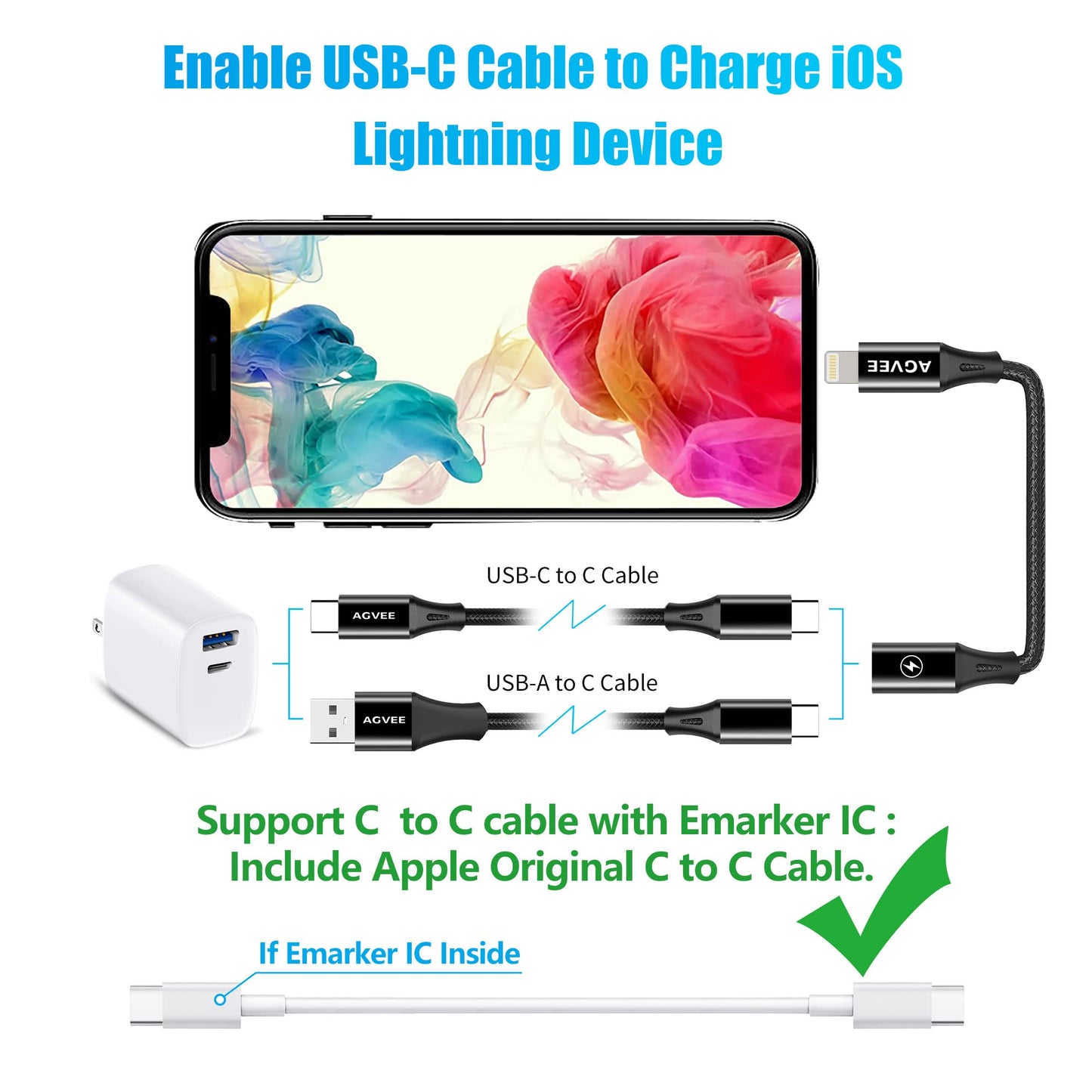 AGVEE 2 Pack 4 Inch USB-C Female to Lightning Male 30W Charging Adapter