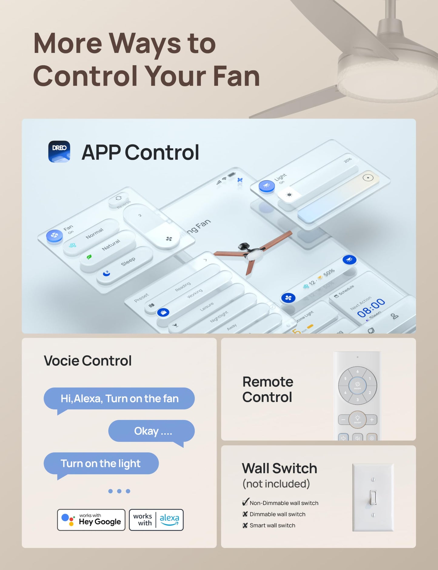 DREO 52 Inch Smart Black Ceiling Fans with Lights, 12 Speeds & 3 Fan Modes, Stepless Color Tones, Dimmable LED Light, 1-12H Timer, Quiet DC Motor