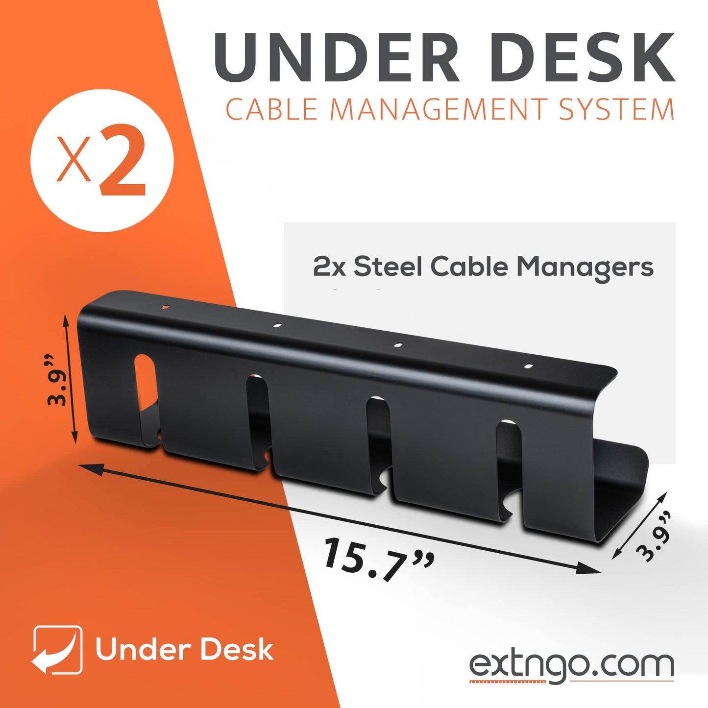 EXTNGO - Under Desk Cable Management Tray [2 Pieces] - Carbon Steel Desk Wire Organizer [16x4x4 in] - No Drilling Wire Management Under Desk with Glue