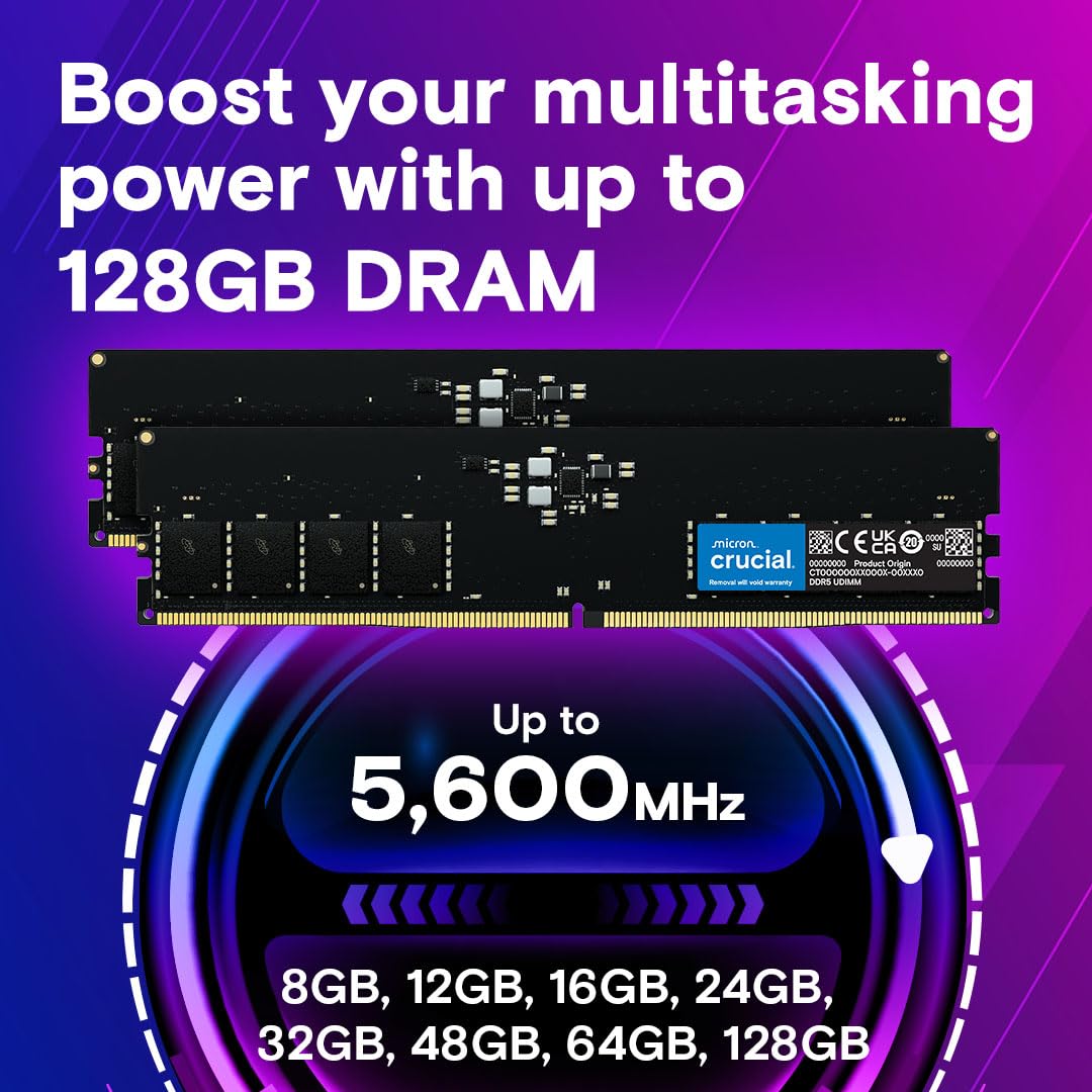 Crucial 16GB DDR5 RAM, 4800MHz CL40 Desktop Memory, UDIMM 288-Pin, Compatible with 12th Gen Intel Core and AMD Ryzen 7000 - CT16G48C40U5