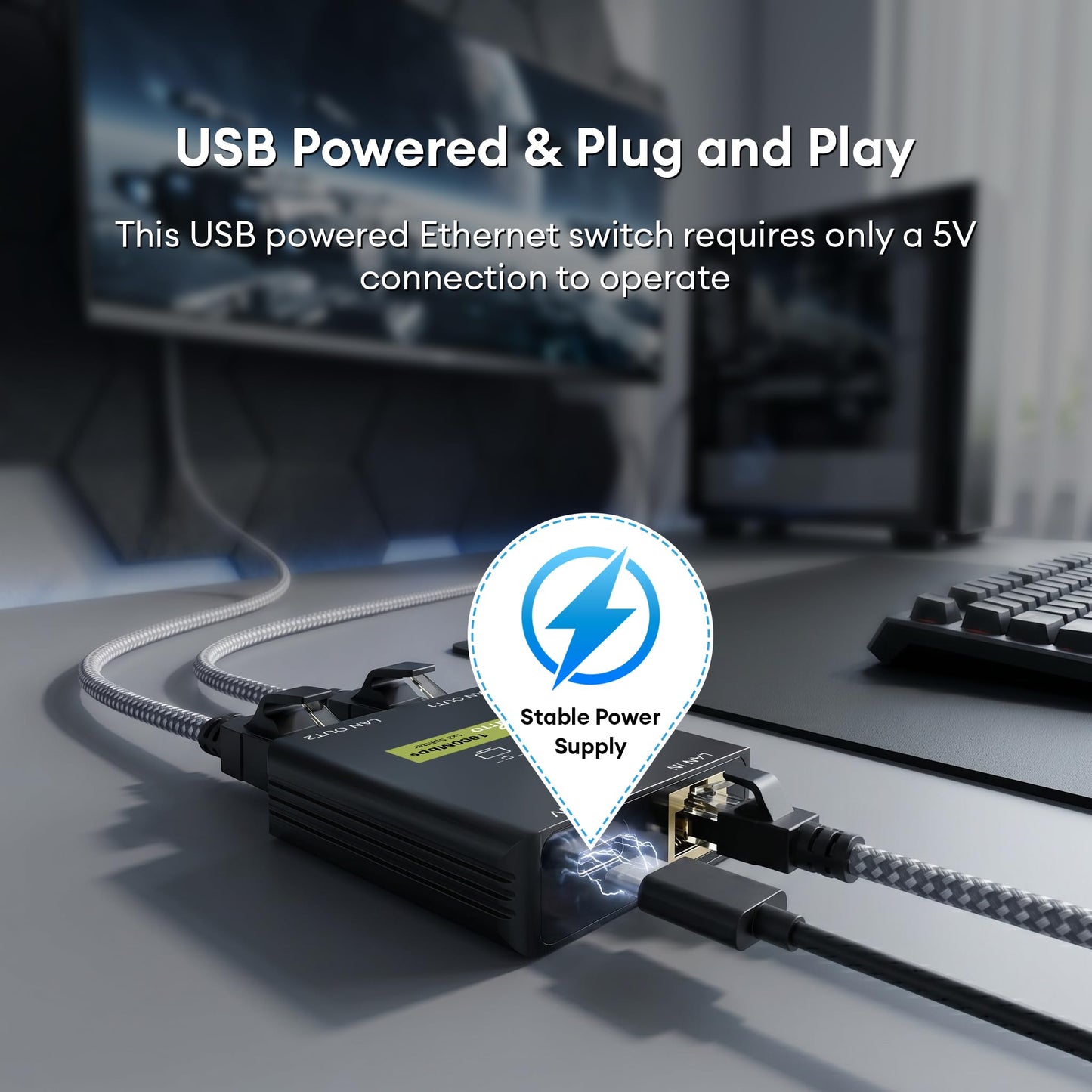 Gigabit Ethernet Splitter 1 to 2, 1000Mbps 2 Port Network Switch