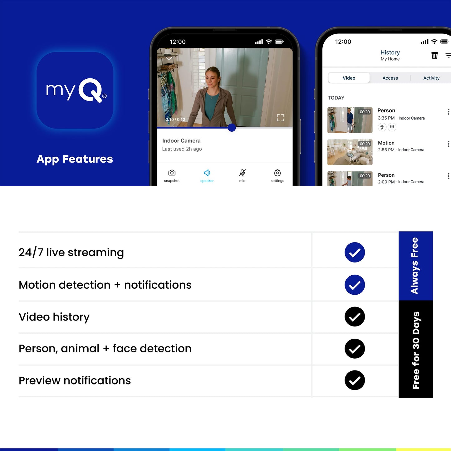 myQ Indoor Plug-in Security Camera Gen 2 - 2K Smart Wi-Fi Camera with Night Vision, Baby and Pet Monitor, Motion Detection and Alerts, 2-Way Audio
