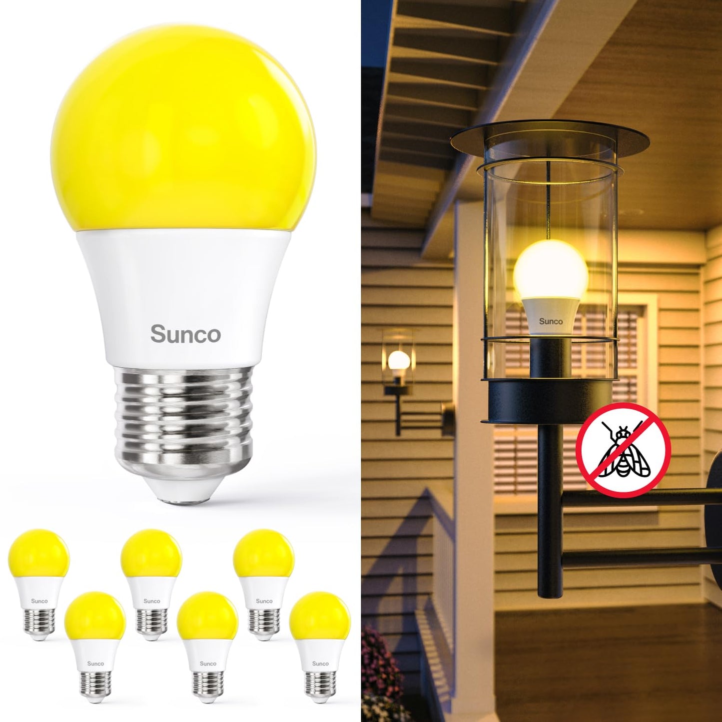 Sunco A15 LED Light Bulb, Bug Light, E26, 2000K Amber Glow Dimmable 6-Pack