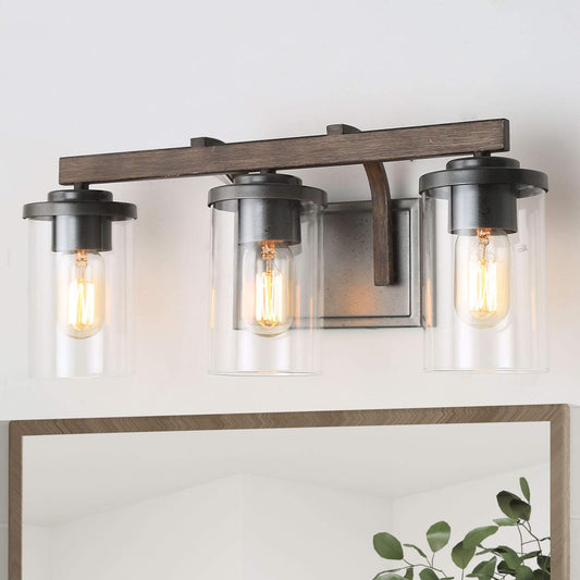 LALUZ Bathroom Vanity Light Fixtures, 3-Light Farmhouse Vanity Light with Clear Glass Shades, Faux Wood, 20’’ L x 6.3’’ W x 8.7’’ H