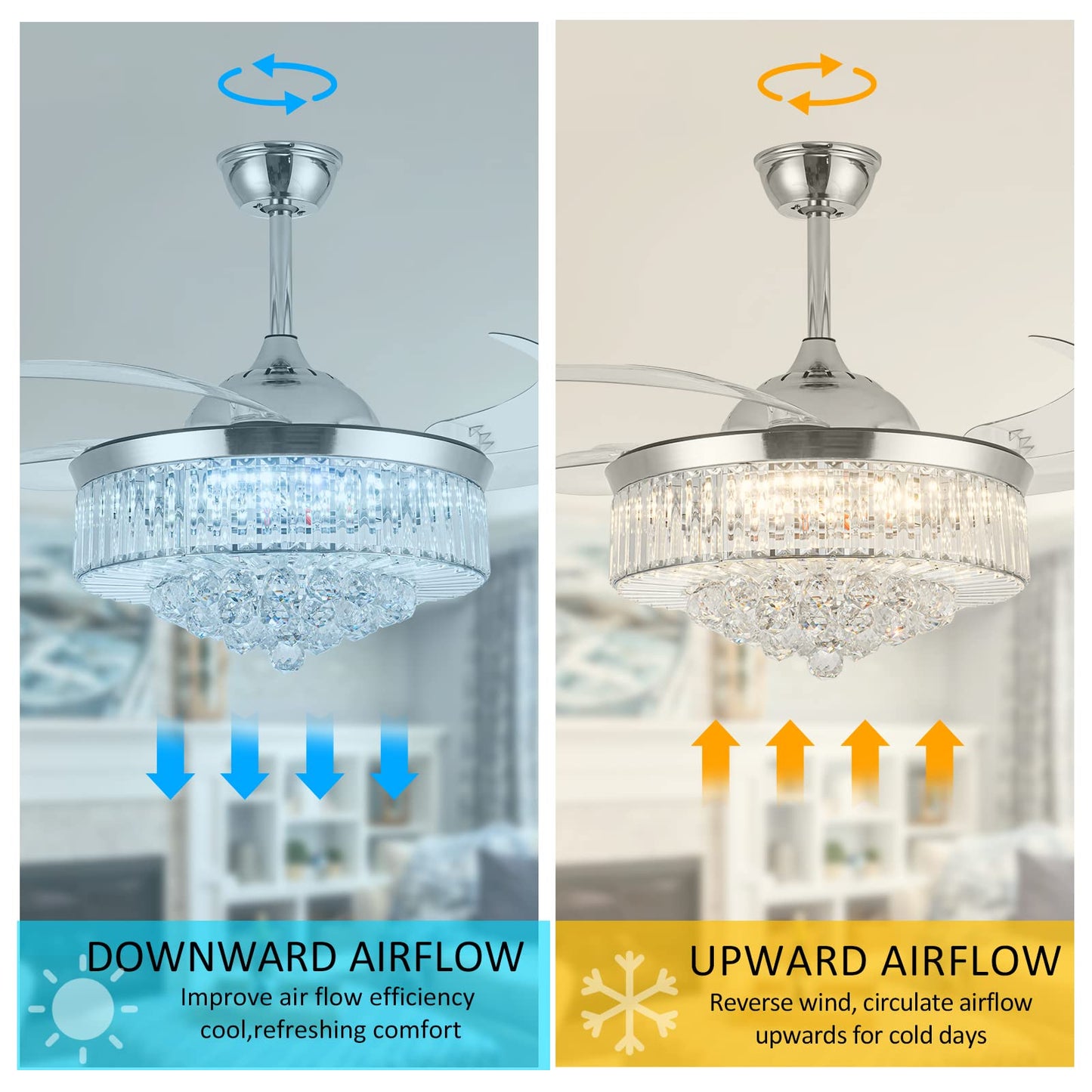 Bavnnro Crystal Ceiling Fans with Light,36” Retractable Chandelier Fan LED Dimmable Crystal Ceiling Fan Light Kits with Remote Control for Decorate
