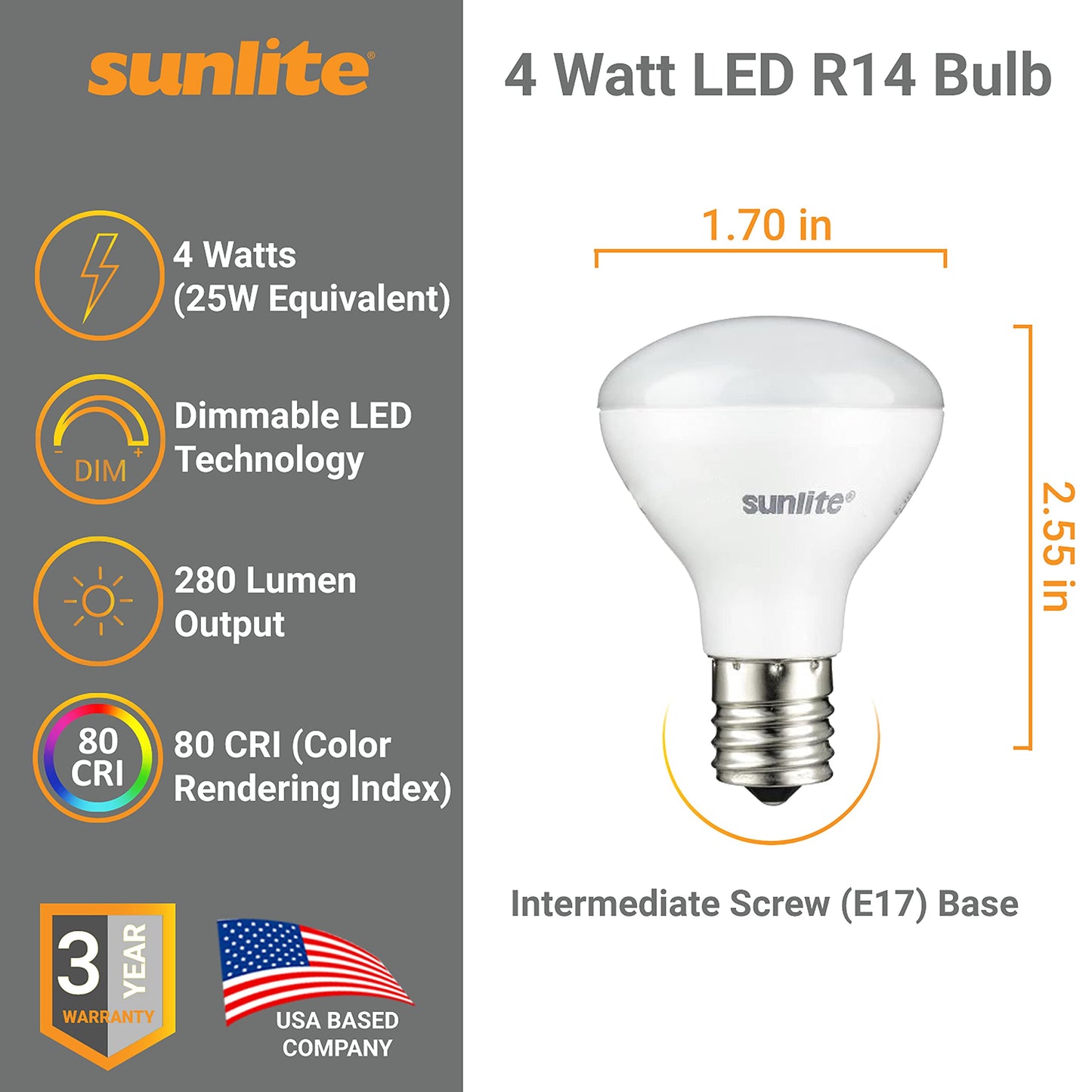 Sunlite LED R14 Mini Flood Light Bulbs, 4 Watts (25W Equivalent), 280 Lumens, Intermediate (E17) Base, Dimmable, ETL Listed, 2700K Soft White,