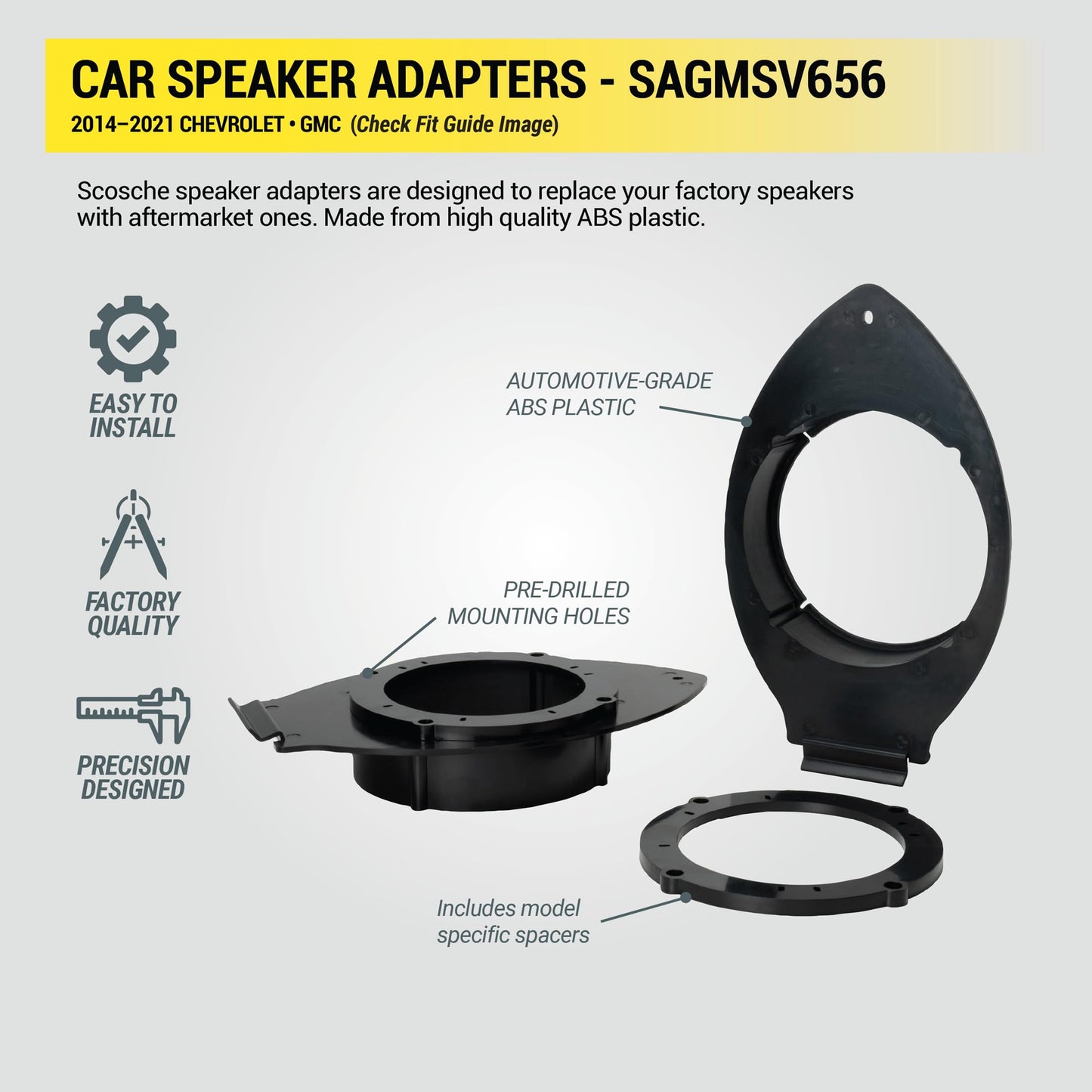 Scosche SAGMSV656 6.5-6.75” Speaker Adapters Compatible with Select 2014-2021 GM Trucks and SUVs - Adapter Brackets for 6 1/2" to 6 3/4" Car Speakers