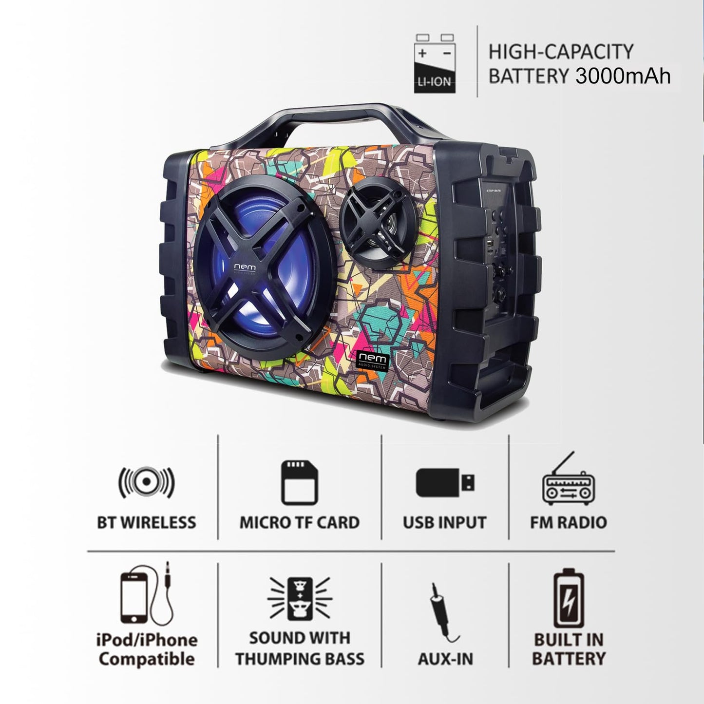 NEM Mobi7e Portable Wireless Bluetooth High Performance Stereo Speaker Extra Bass, USB Recording, Rechargeable Battery, AUX and TF Card Input, FM
