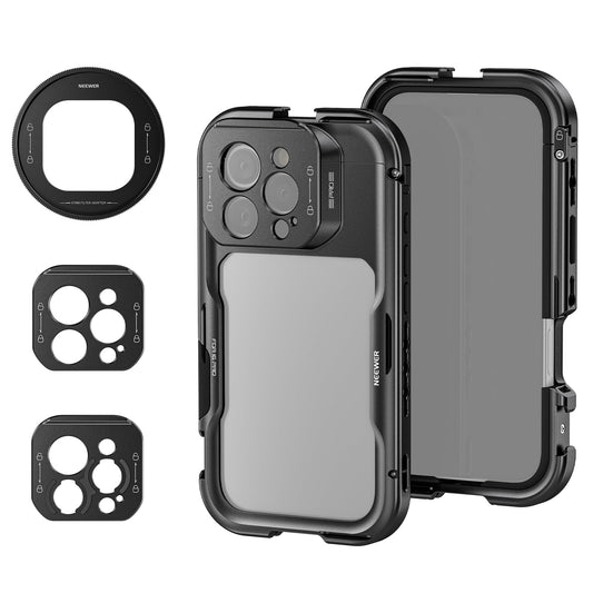NEEWER 16 Pro Cage, Quick Release Video Rig Phone Stabilizer Compatible with iPhone 16 Pro with 67mm Filter Adapter, 17mm Lens Backplate, T Mount Lens