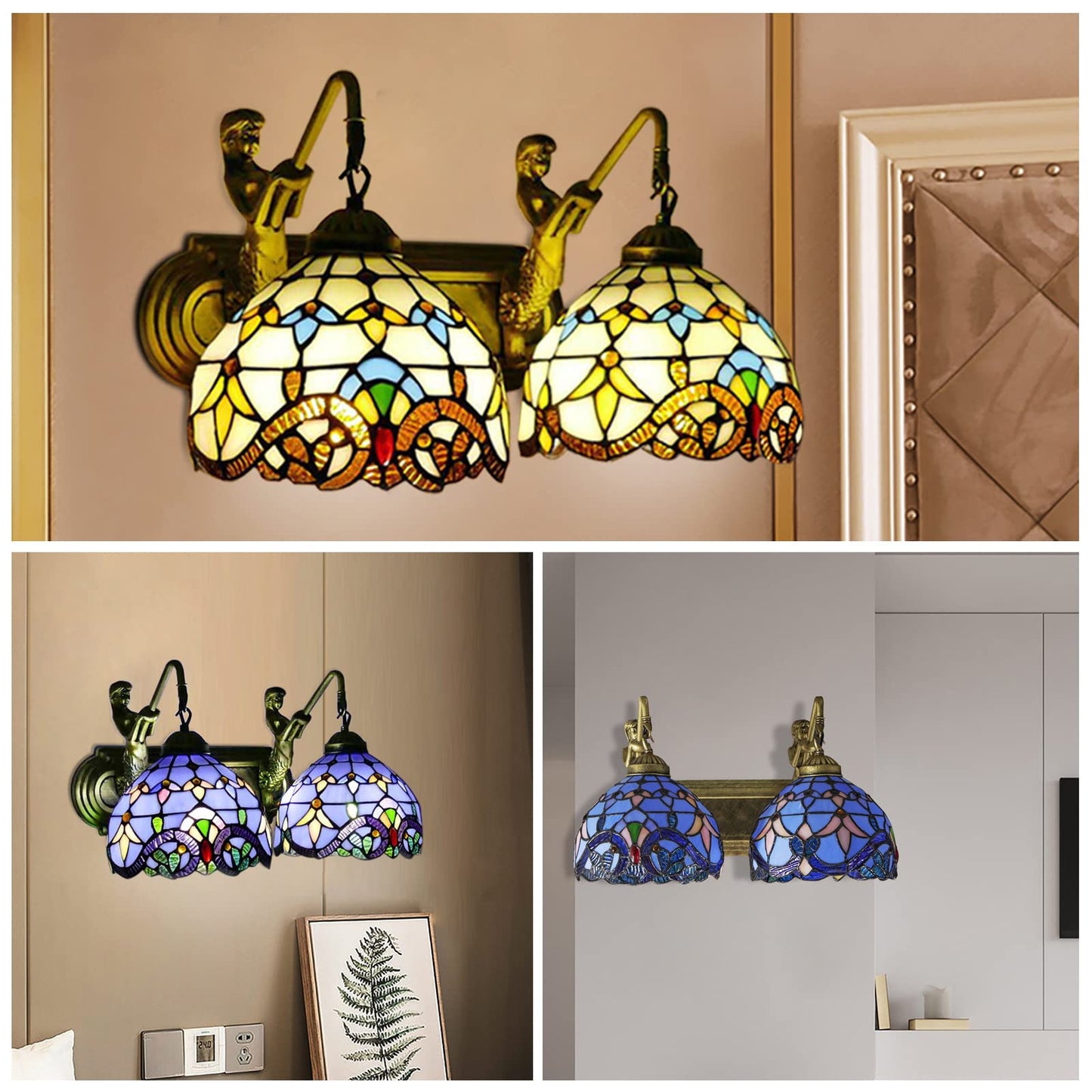 Synaiolma Tiffany Wall Sconce Lamp-Dual E27 Head, Glass Mirror Front Light Fixture W/Glass Lampshade,Mermaid Design/Dual Illumination Function