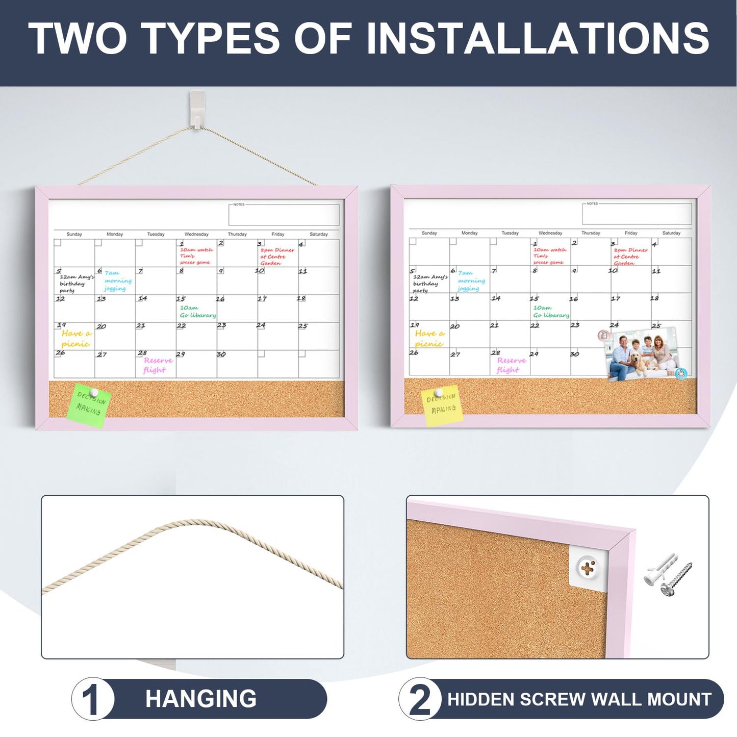 Dry Erase Calendar Cork Board Combo, 18x24 Inches Calendar Whiteboard for Wall, Magnetic White Board with Pink Wood Framed, Dry Erase Board