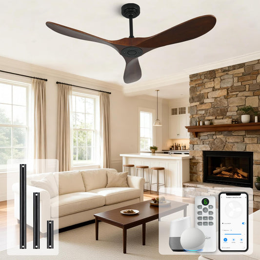 Homlit Smart Ceiling Fan no Light, 52 Inch Outdoor Ceiling Fan Without Light, Compatible with Alexa/Google/App, 3 Solid Wood Blades, Modern Wood Fan