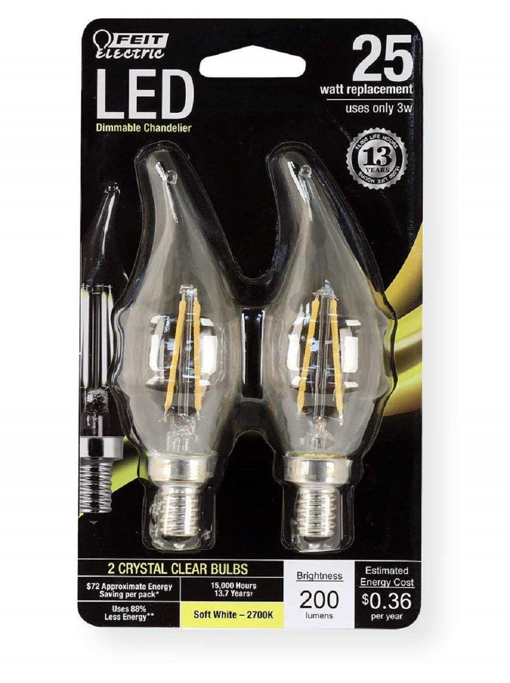 Feit Electric BPCFC25/827/LED/2 Decorative Clear Glass Filament LED Dimmable 25W Equivalent Flame Tip Chandelier Light Bulb (Pack of 2), Soft White