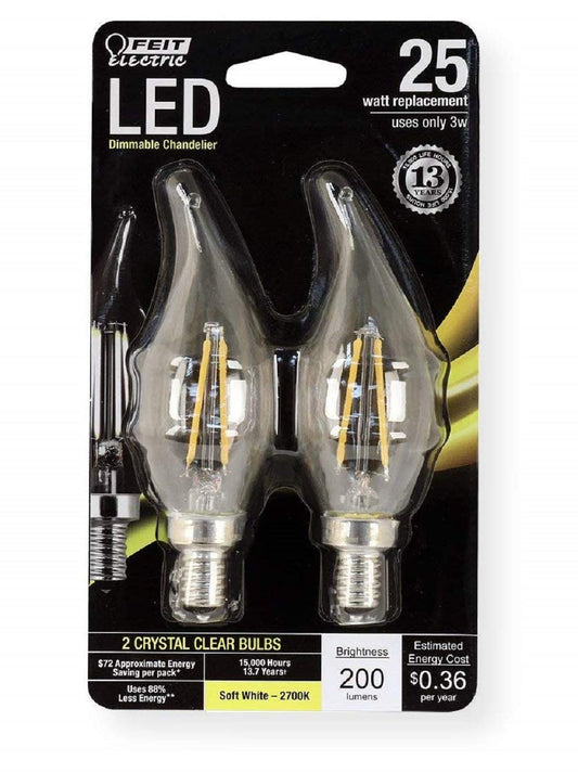 Feit Electric BPCFC25/827/LED/2 Decorative Clear Glass Filament LED Dimmable 25W Equivalent Flame Tip Chandelier Light Bulb (Pack of 2), Soft White