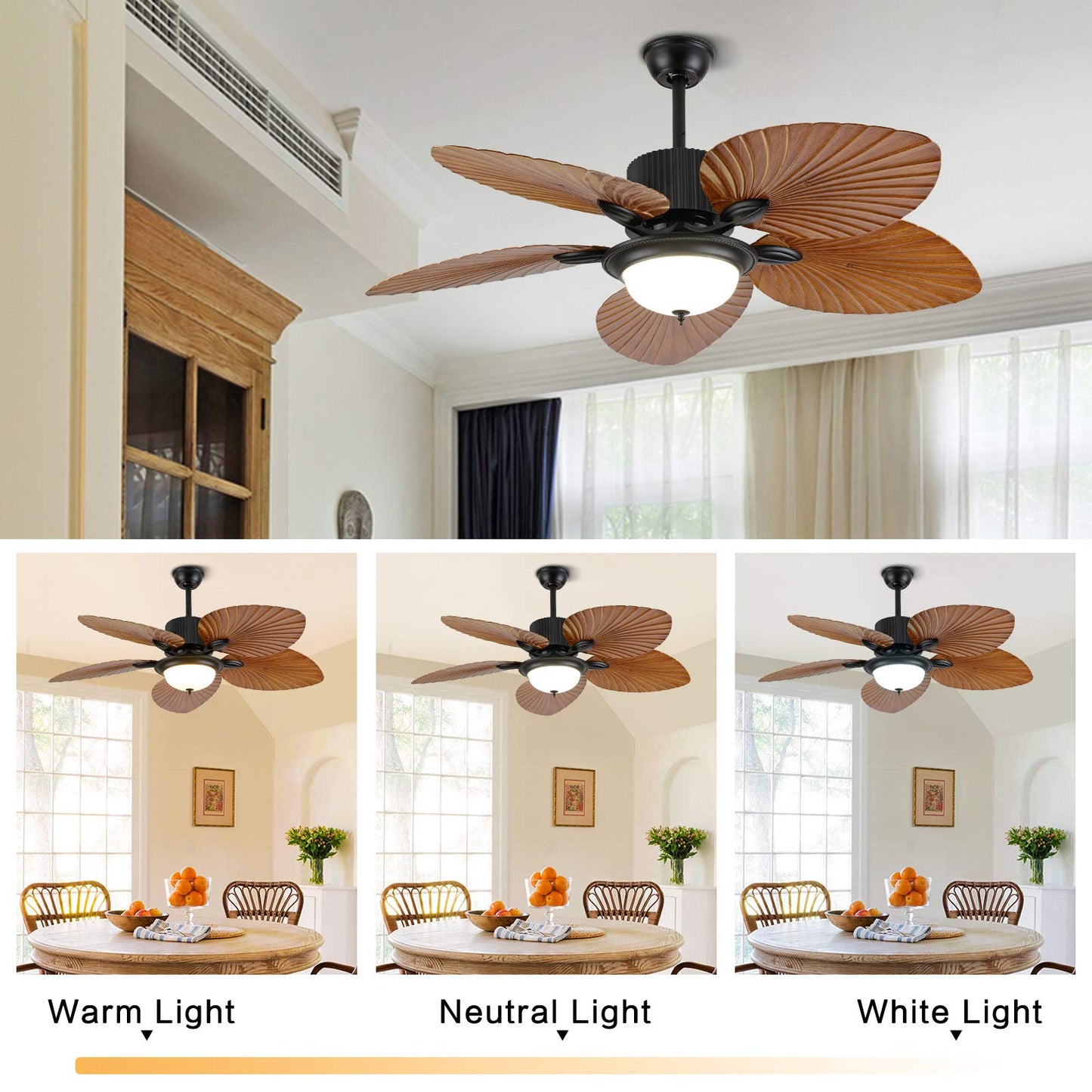 N/B 52 Inch Tropical Palm Leaf Ceiling Fan Chandelier Bedroom Living Room 5 Leaf Decorative Light Ceiling Lamp with Remote Control
