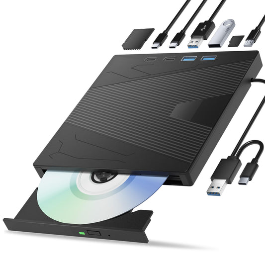 Taopjwr External CD/DVD Drive for Laptop, 7-in-1 DVD Drive for Laptop USB 3.0 & Type-C Portable CD Burner External Disk Drive Optical Compatible