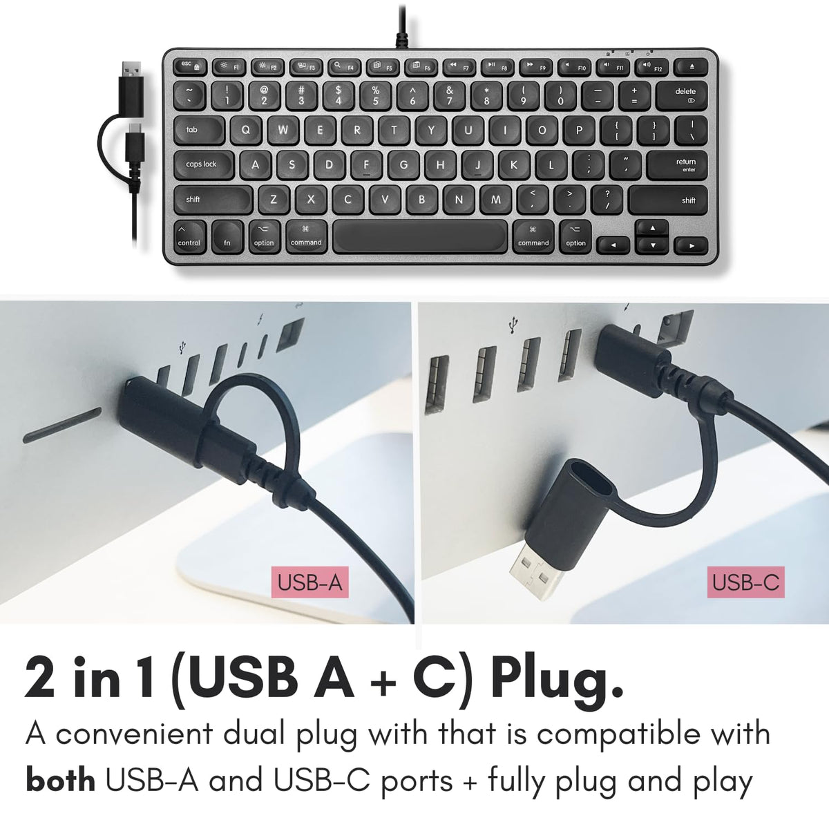 Macally Wired Keyboard for Mac with USB Hub (2X USBC / 1x USBA) - Compatible Small Apple Keyboard with 2 in 1 USB Plug - for MacBook Pro/Air, Mac