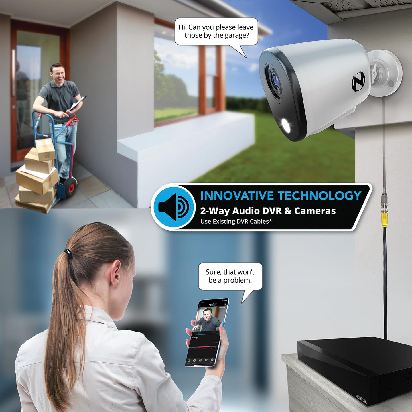 Night Owl 2-Way Audio 12 Channel DVR Video Home Security Camera System with (6) Wired 2K HD Indoor/Outdoor Deterrence Cameras and 1TB Hard Drive (Add