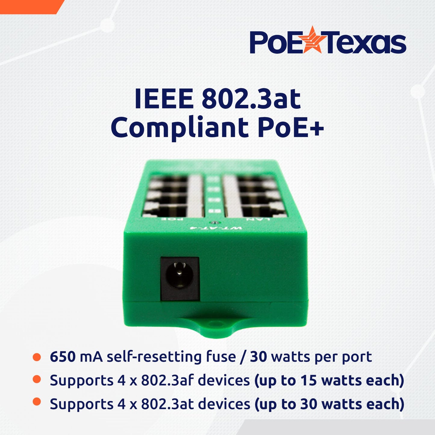 PoE Texas 4 Port PoE/PoE+ Injector with 56V 120W Power Supply - Gigabit Injector - Active Mode A Power Over Ethernet Multi Port PoE Adapter - Supports