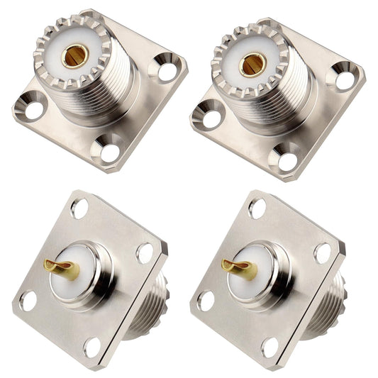 SO-239 UHF Female Chassis Mount Connector, 4-Hole Flange Panel Mount RF Coax Connector for Antenna, Ham Radio, CB Radio, RF Projects - Pack of 4